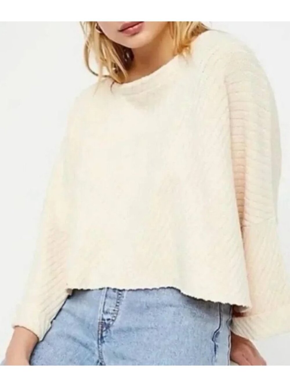 Free People Womens Cream Ribbed Oversized Slouchy Crop I Cant Wait Sweater Small